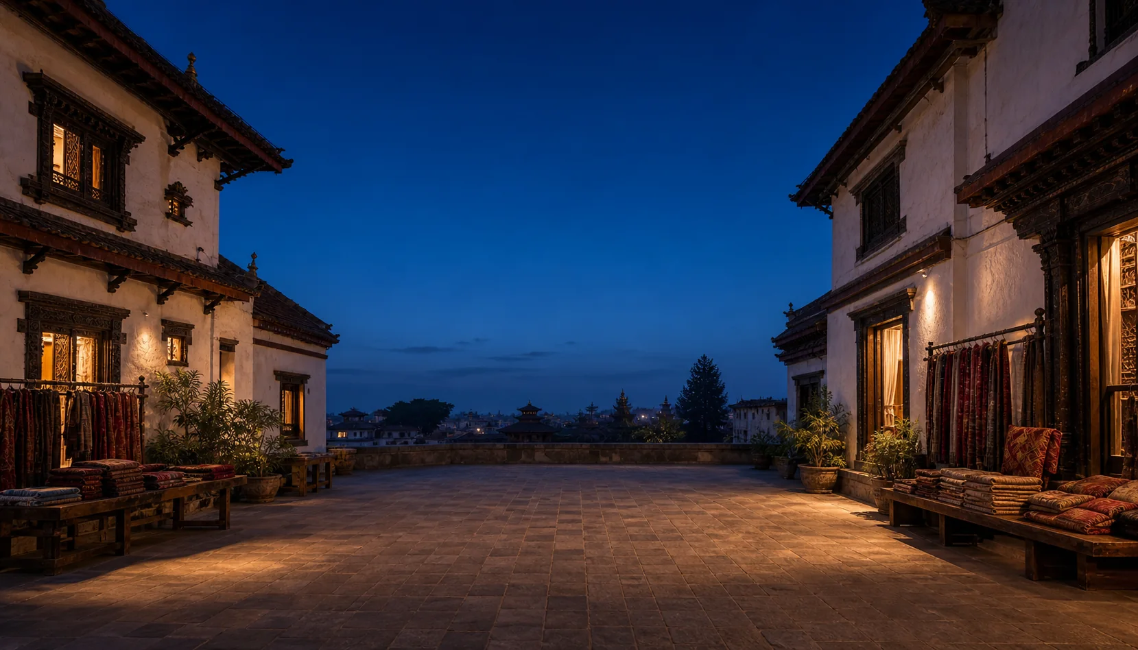 A Patan retail courtyard at blue hour