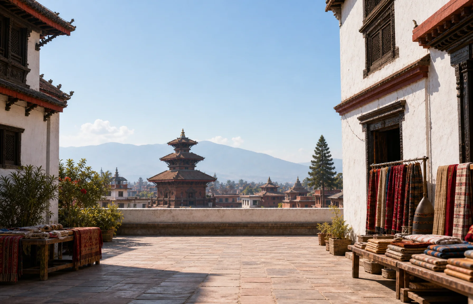 A textile shop in a sunlit Patan courtyard