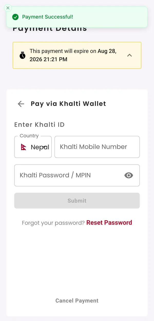 Khalti's sandbox page showing a Payment Successful message