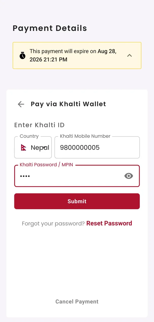 Khalti's sandbox page, Pay via Khalti Wallet: the test Khalti ID 9800000005 in the mobile number field and a four-digit MPIN entered