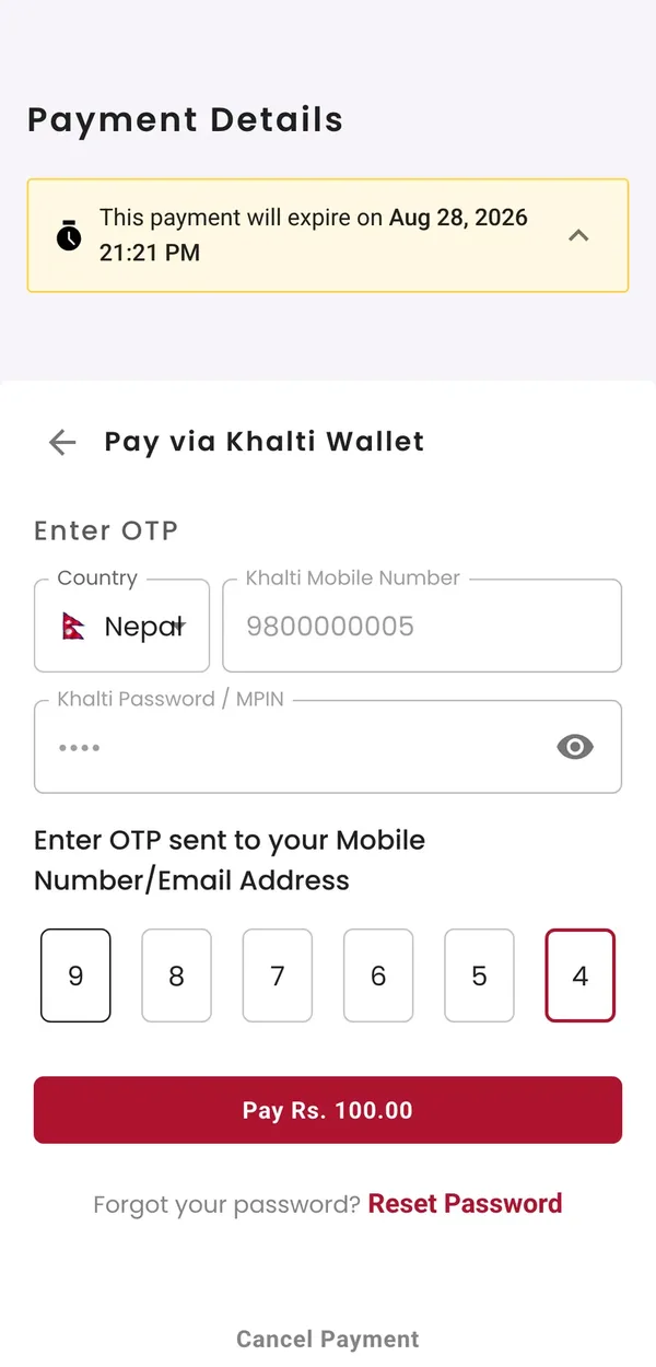 Khalti's sandbox page asking for the OTP, with 987654 entered and a Pay Rs. 100.00 button