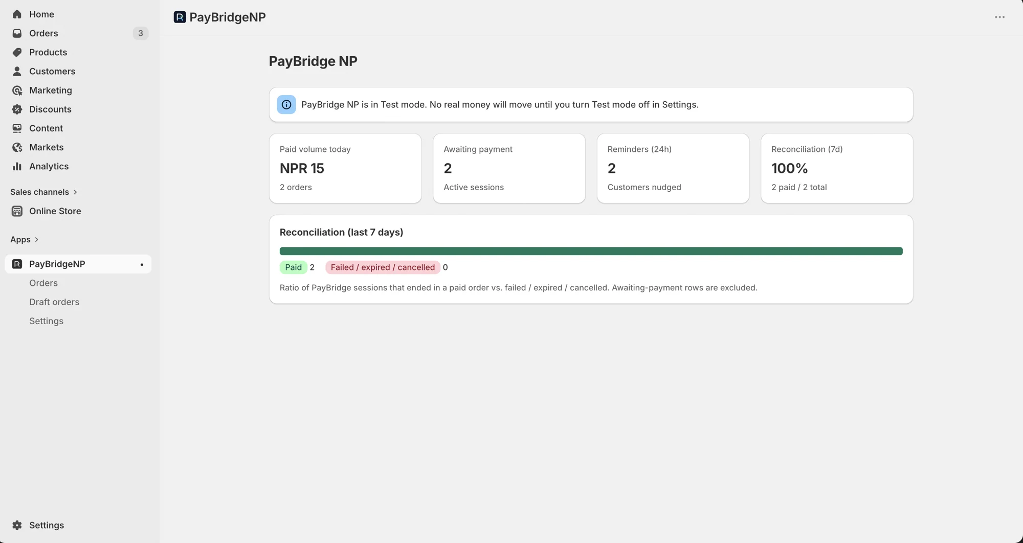 PayBridgeNP dashboard showing Shopify store connected