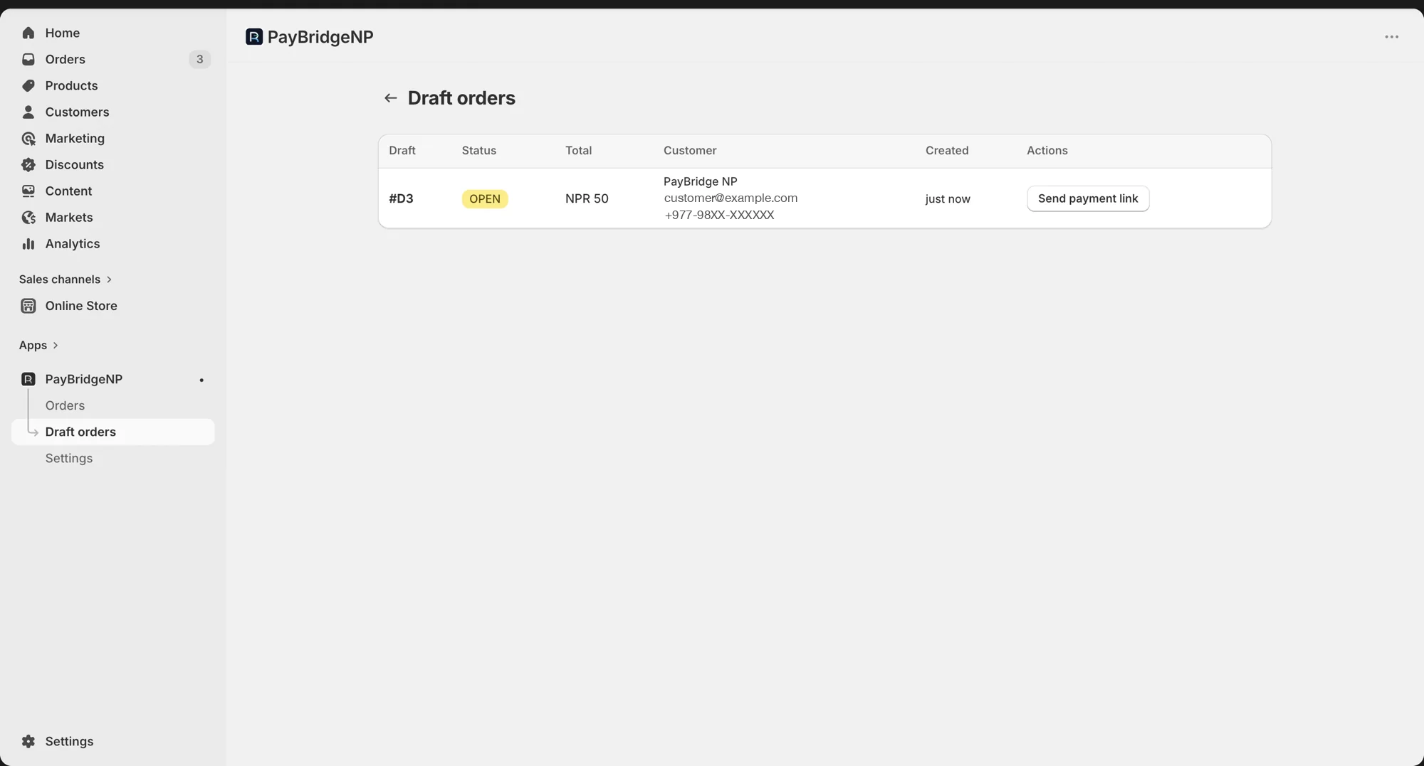 Draft orders with PayBridgeNP payment links in Shopify admin