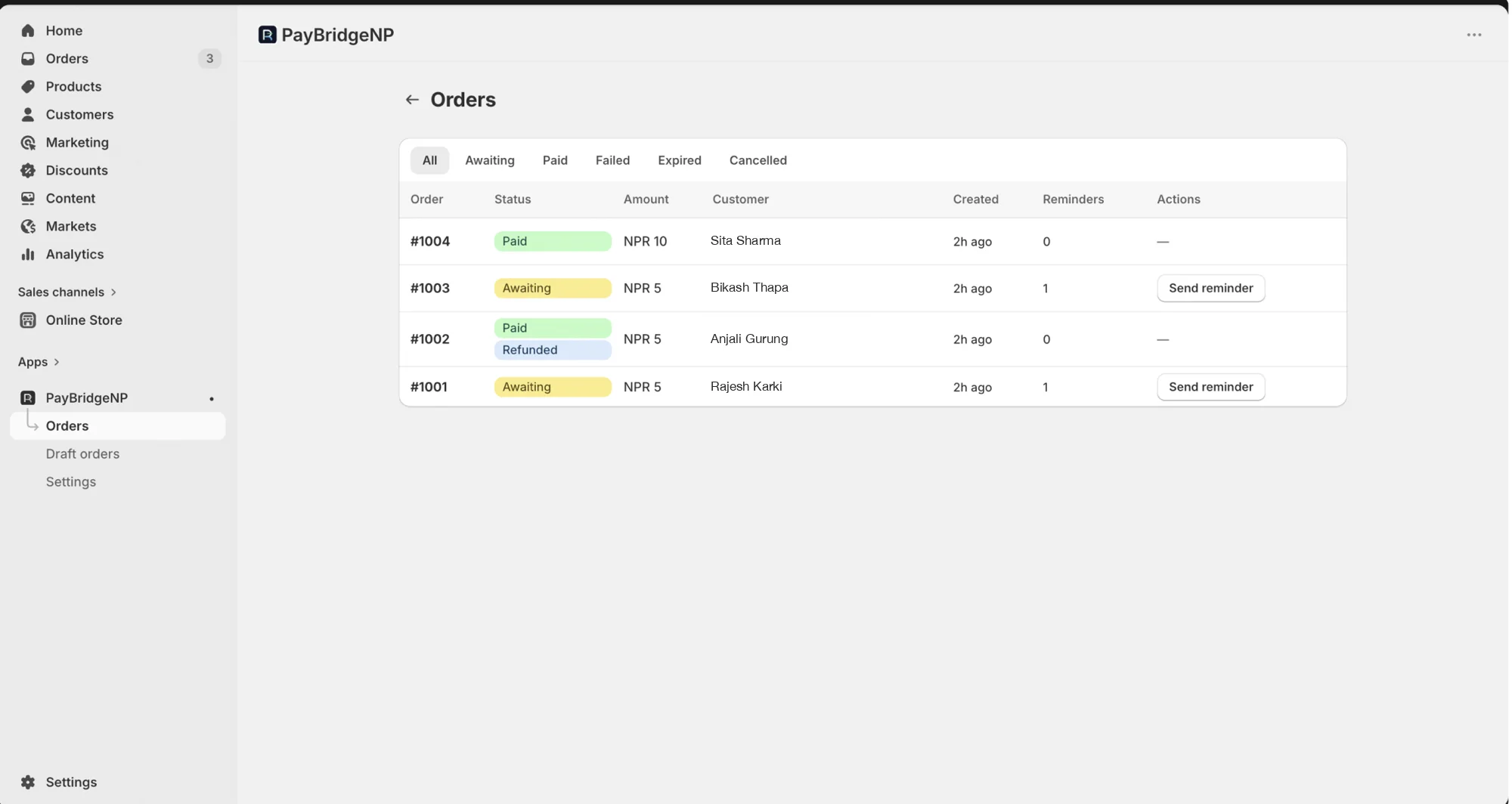 Order list in PayBridgeNP showing Shopify transactions