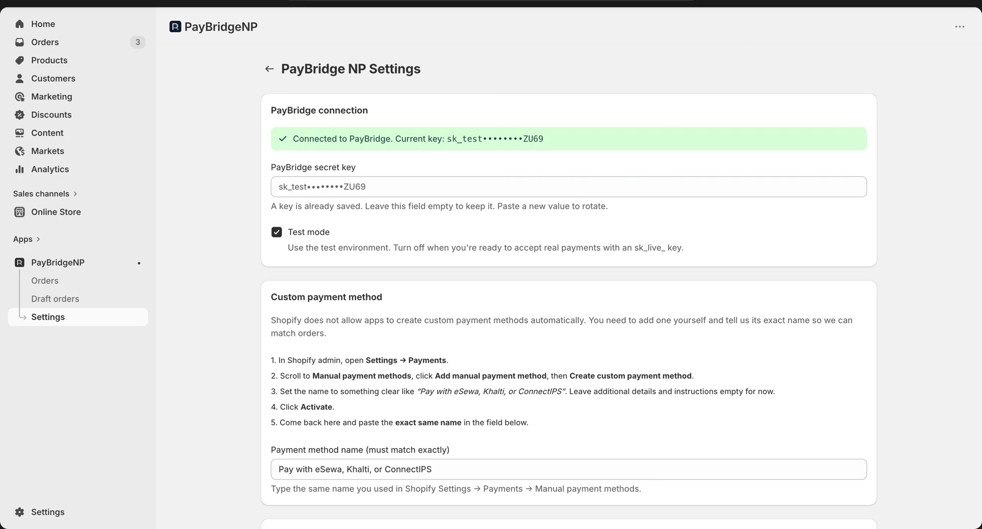 PayBridgeNP connection settings in Shopify