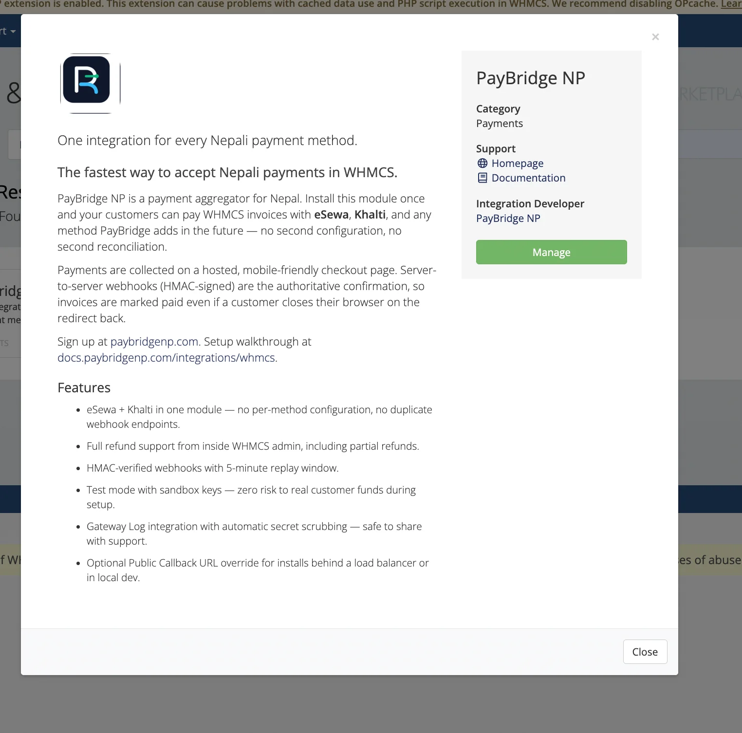 PayBridgeNP module in WHMCS Apps and Integrations page
