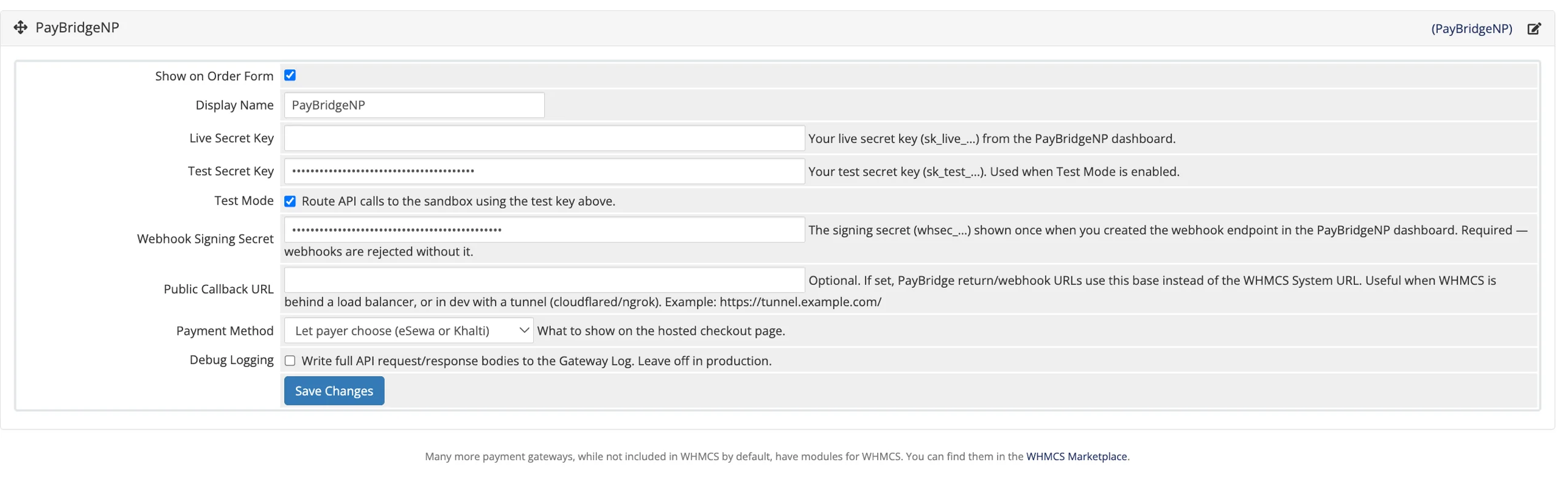 PayBridgeNP gateway configuration fields in WHMCS admin