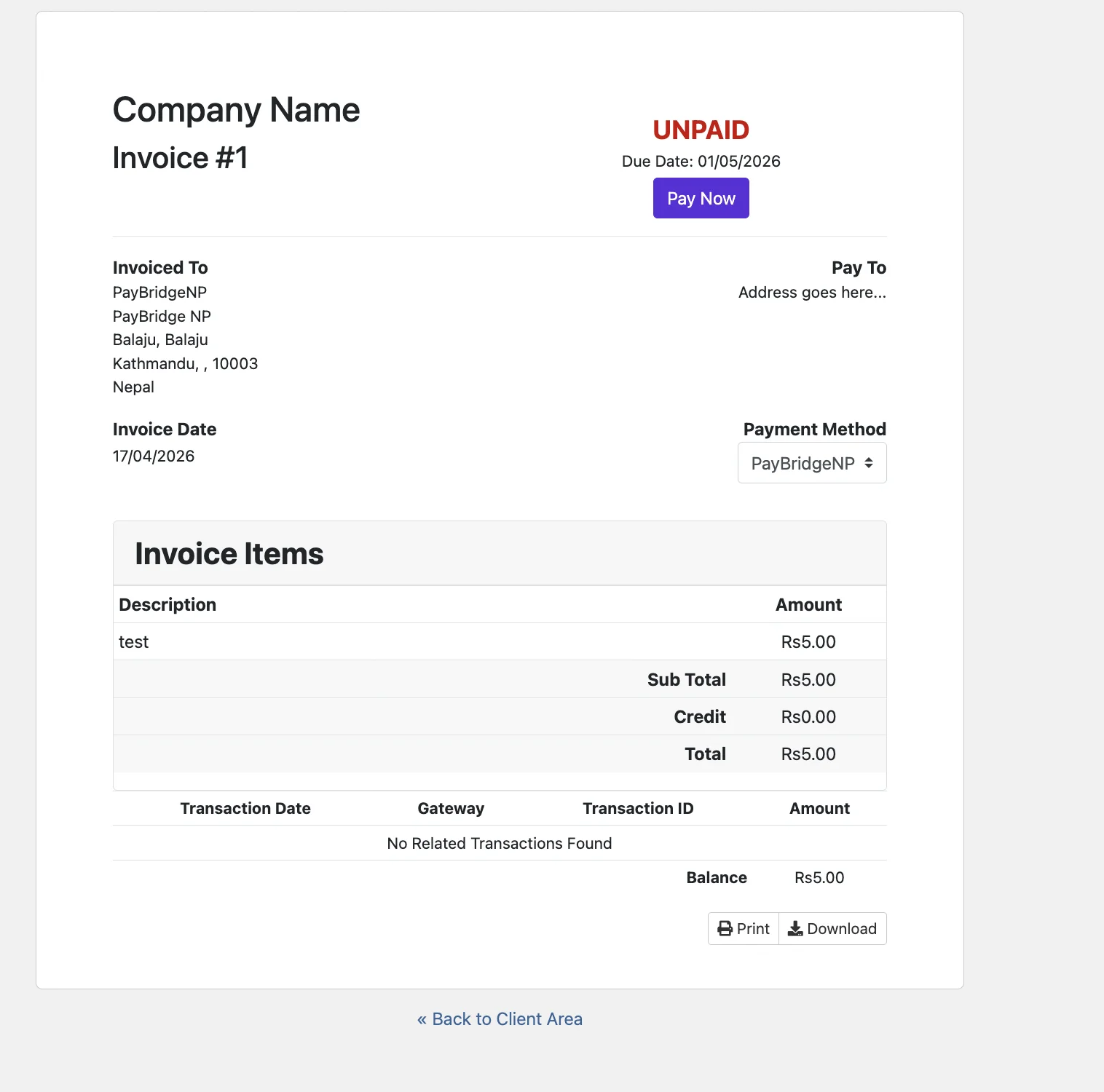 Client invoice in WHMCS showing PayBridgeNP Pay Now button