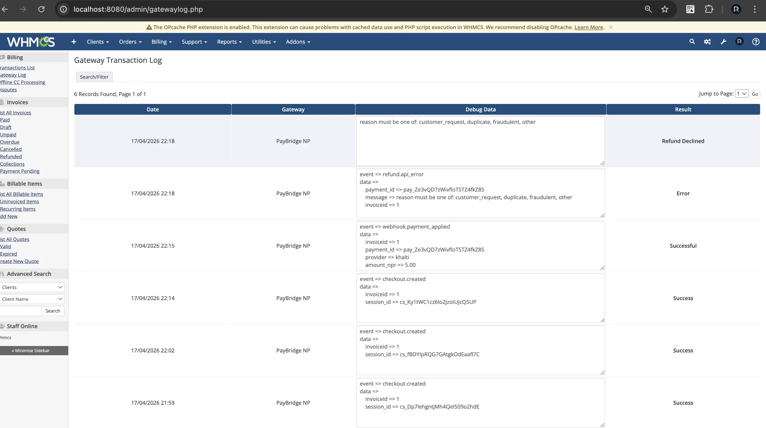 WHMCS gateway log showing PayBridgeNP transaction entries