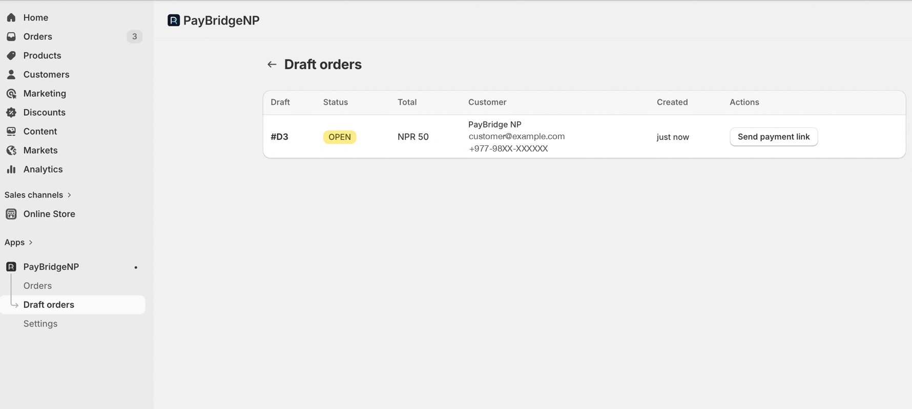 The Draft orders page showing an open Shopify draft order with a Send payment link action button.