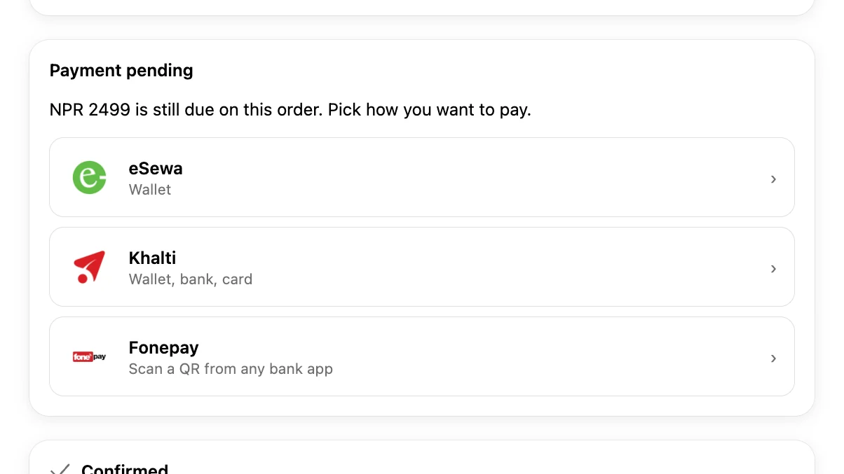 The Payment pending block on a Shopify customer order page, offering eSewa, Khalti, and Fonepay for the balance due