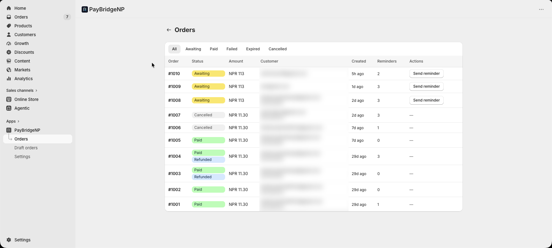 The Orders page showing a table of Shopify orders with PayBridgeNP status, filter tabs for Awaiting / Paid / Failed / Expired / Cancelled, and a per-row Send reminder action.