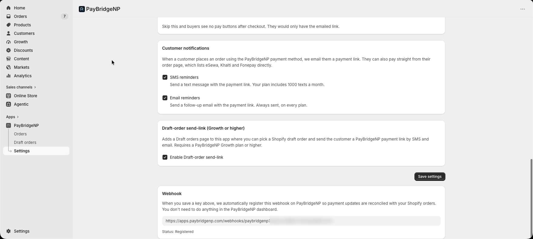 The Settings page showing Customer notifications toggles for SMS and email reminders, the Growth-gated draft-order send-link switch, and the registered webhook.