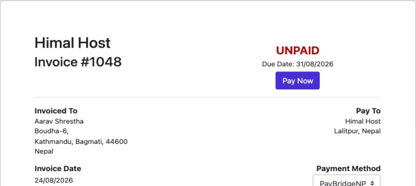 Himal Host WHMCS invoice 1048 for Aarav Shrestha with PayBridgeNP selected