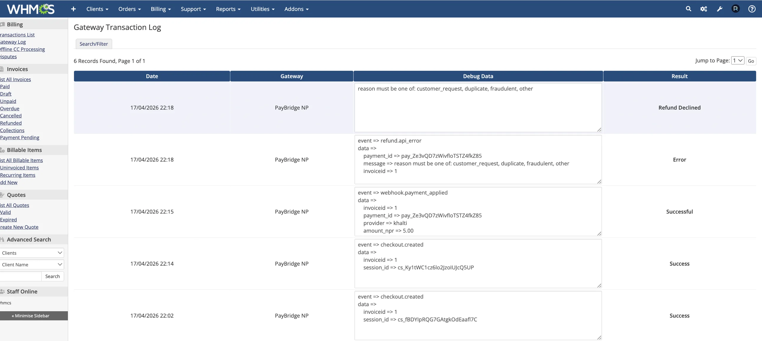 The WHMCS Gateway Transaction Log listing PayBridgeNP entries: checkout.created, webhook.payment_applied, and a refund attempt with its result.