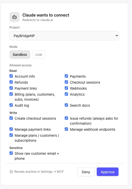 The PayBridgeNP consent screen for Claude, with project, mode and access controls.